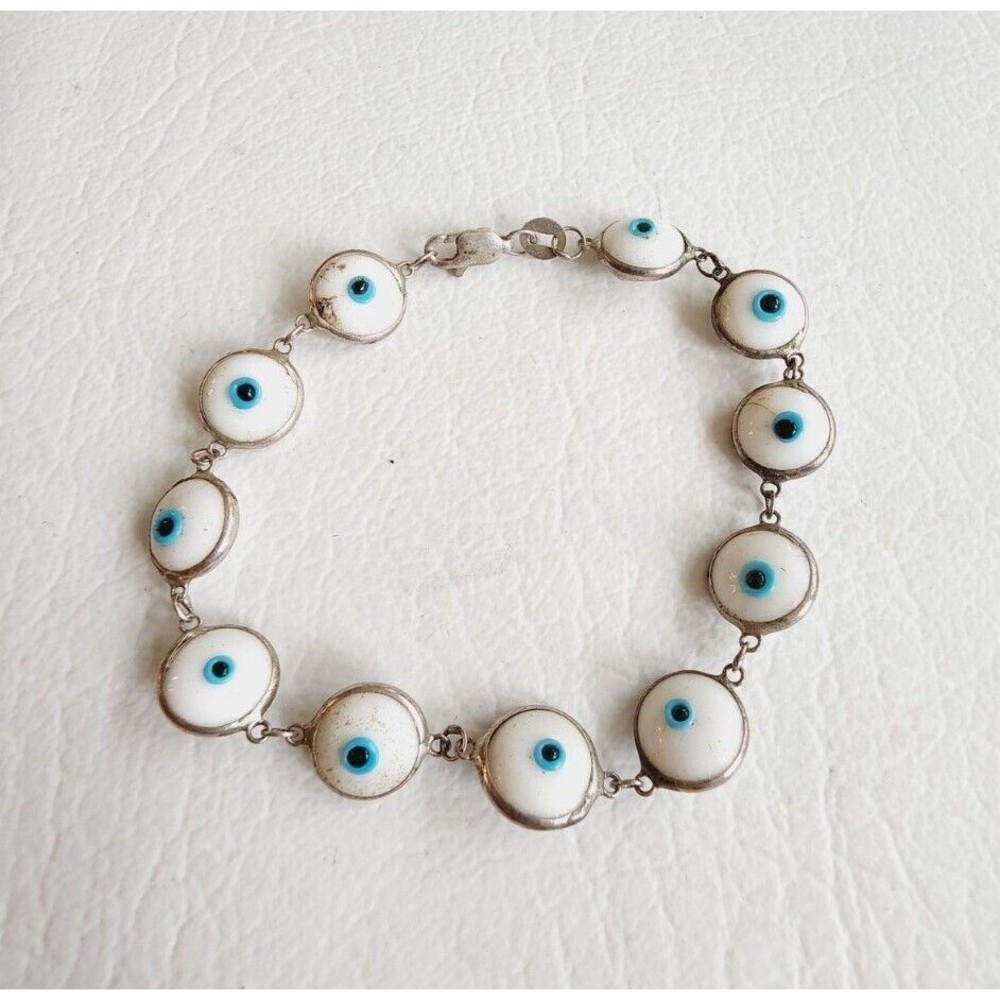 Sterling Silver White Glass Evil Eye Good Luck Protection Bracelet 7.5 inches